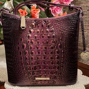 Brahmin Deep Plum Croc-Embossed Shoulder Bag with Gold Hardware